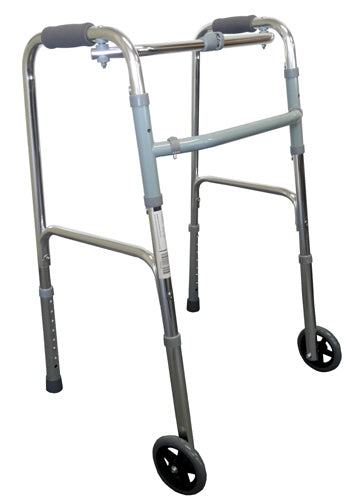 Silver walking frame with wheels